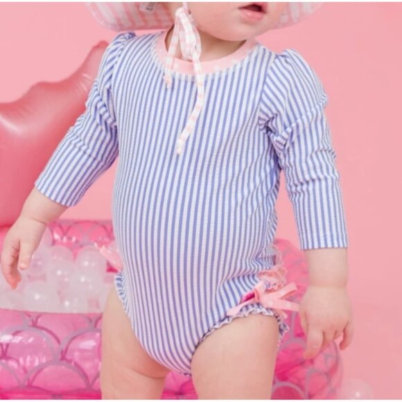 RuffleButts Baby Girl Seersucker Long Sleeve Rash Guard Swimsuit 6–12M Blue Pink - Picture 2 of 8